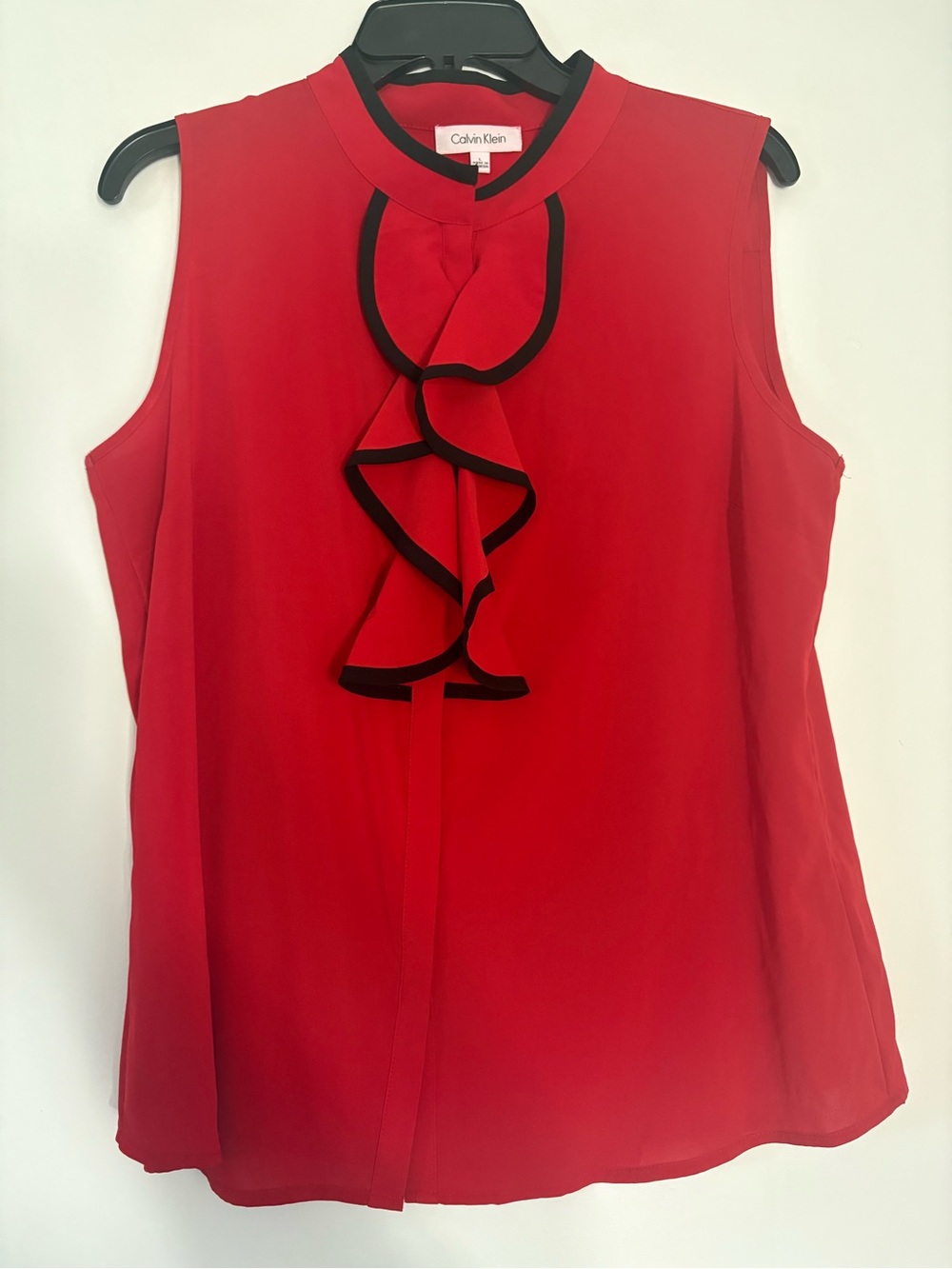 Calvin Klein Red Sleeveless Ruffle Front blouse with Black Trim full button down